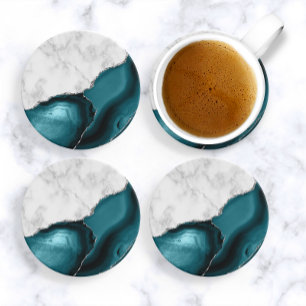 Posavasos Mármol blanco azul teal ágata brillo plateado