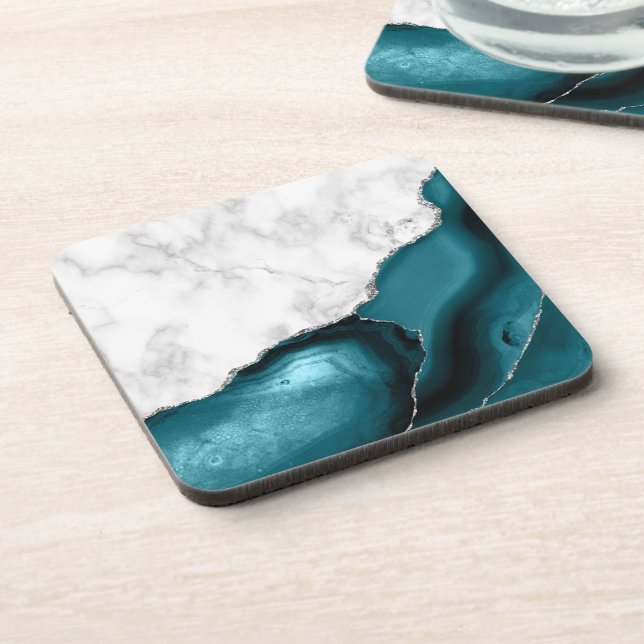 Posavasos Mármol Blanco Falso Brillo Plateado Ágata Azul Tea (Lado Izquierdo)