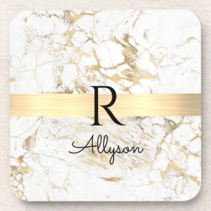 Posavasos Mármol Blanco y Dorado Barra Dorada, Monograma de