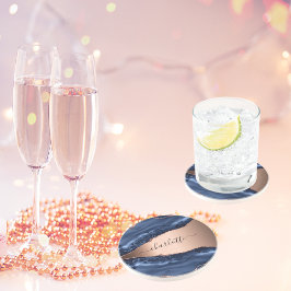 Posavasos Mármol de ágata azul rosa oro nombre script 