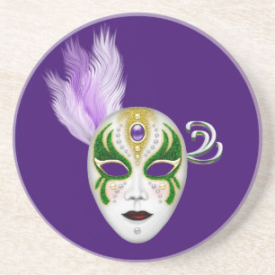 Posavasos Máscara de Mardi Gras con cuchara de plumas de col