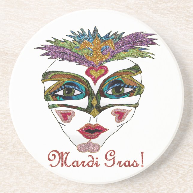 Posavasos Máscara de plumas de Purpurina del Mardi Gras colo (Frente)