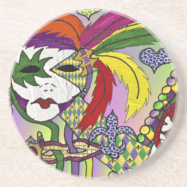 Posavasos Máscara de plumas del Mardi Gras psicodélico (Frente)