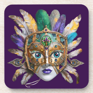 Posavasos Máscara de plumas y metal de Mardi Gras