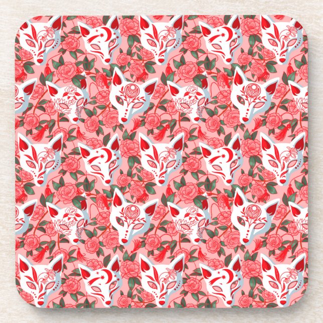 Posavasos Máscaras de Kitsune y camelia florecida sobre rosa (Frente)