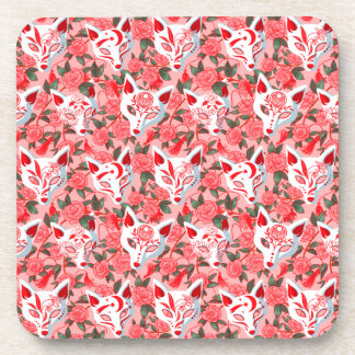Posavasos Máscaras de Kitsune y camelia floreciendo en rosa