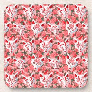 Posavasos Máscaras de Kitsune y camelia rosa floreciendo