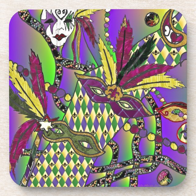 Posavasos Máscaras de plumas de Mardi Gras psicodélicas (Frente)