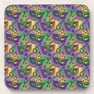 Posavasos Máscaras y Cuentas de Mardi Gras Morado Verde Amar
