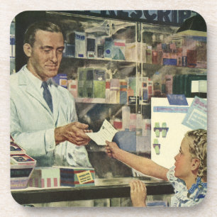 Posavasos Medicina antigua, farmacéutico y niña en farmacia