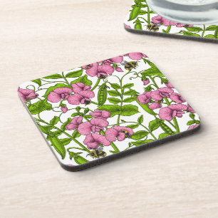 Posavasos Melocotones y abejorros, rosa, verde y blanco