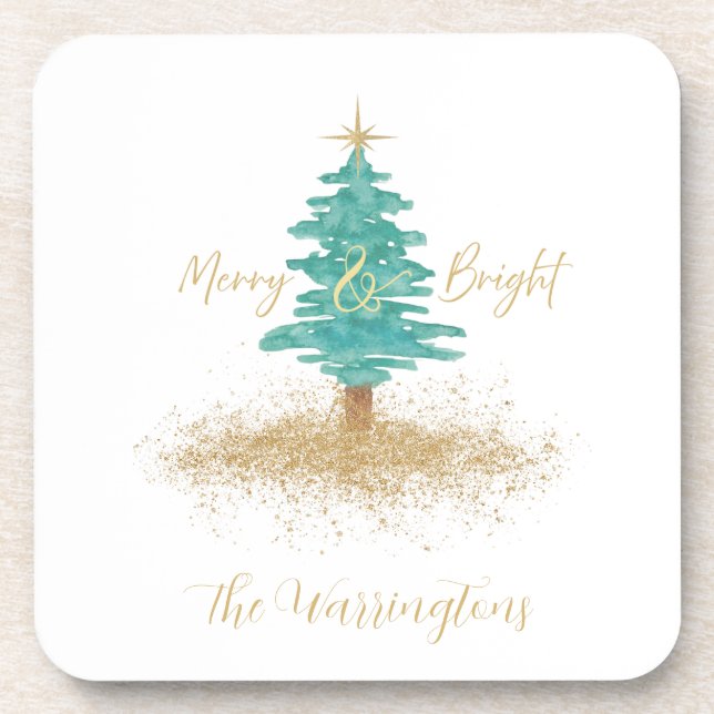 Posavasos "Merry and Bright" Watercolor Tree (Frente)