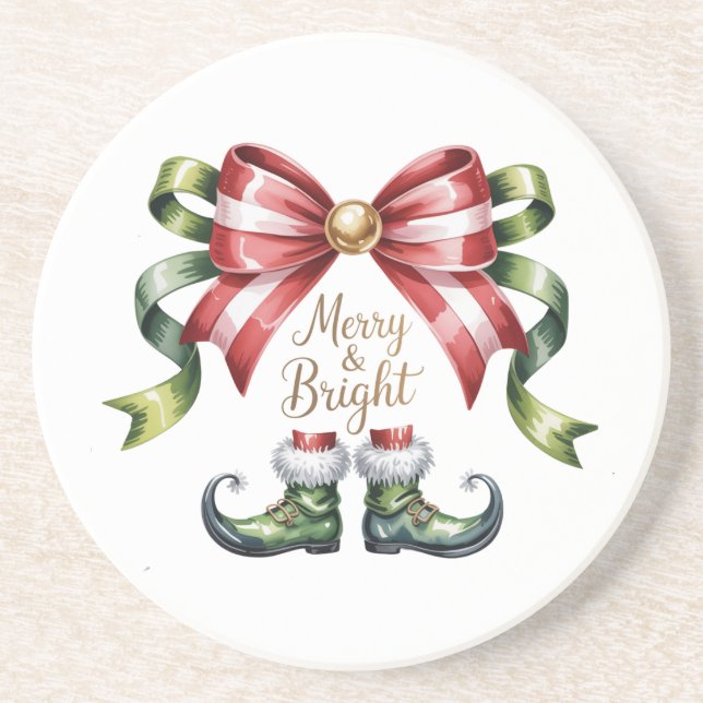 Posavasos Merry & Bright Christmas Bow & Elf Shoes Coaster (Frente)