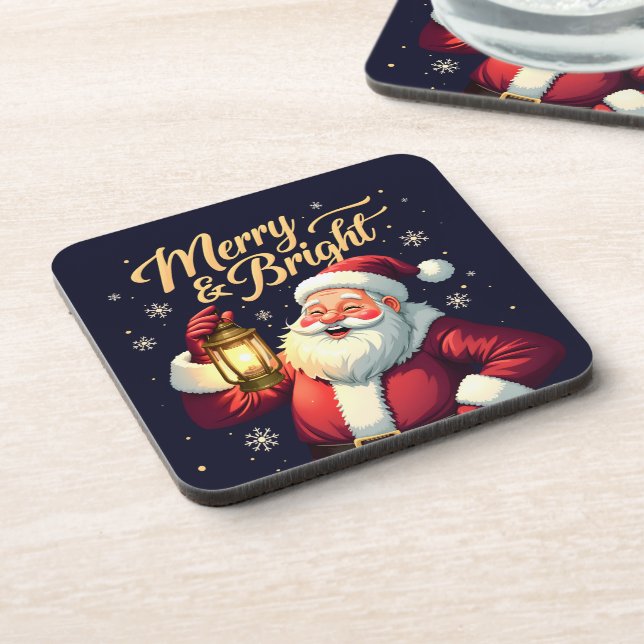 Posavasos Merry Bright Santa Holding Lantern Illustration (Lado Izquierdo)