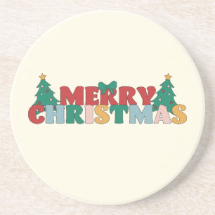 Posavasos Merry Christmas Typography Decorated Pine Tree