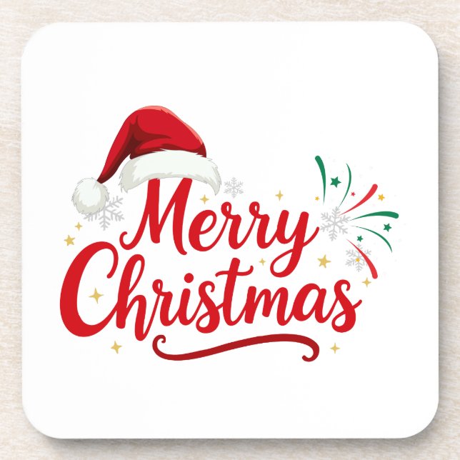 Posavasos Merry Christmas Typography with Santa Hat and Snow (Frente)