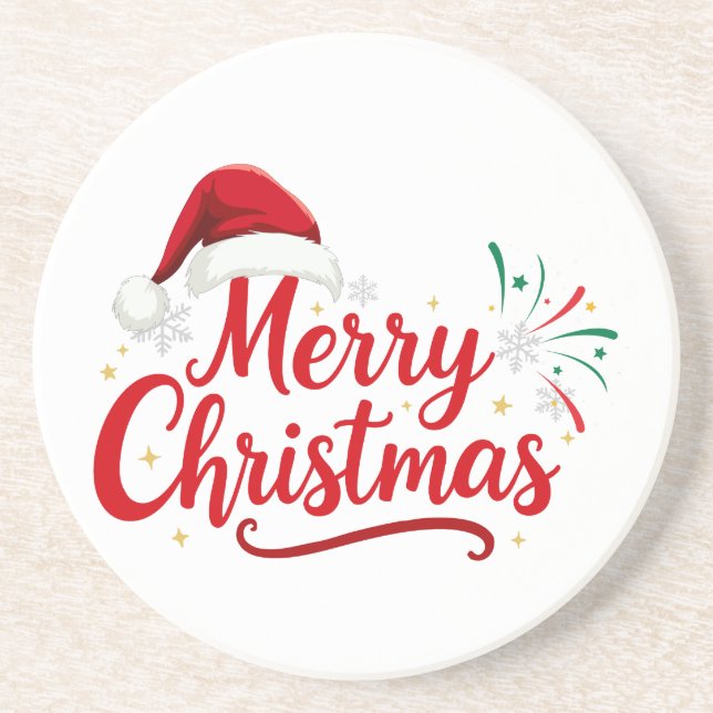 Posavasos Merry Christmas Typography with Santa Hat and Snow (Frente)