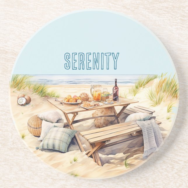 Posavasos Mesa de picnic de arena de playa océano comida (Frente)