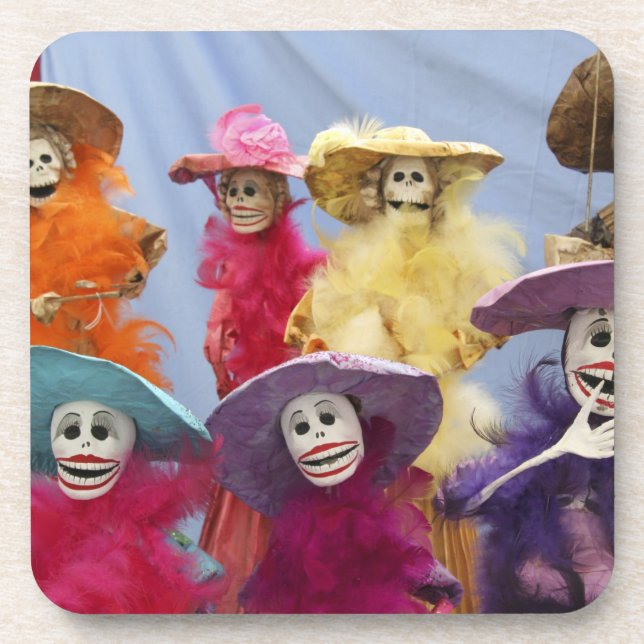 Posavasos México. Catrinas esqueléticas, figuras celebrando (Frente)