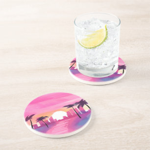 Posavasos Miami en Rosa   Pintura brillante de acuarela