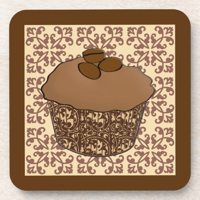 Posavasos Mocha / Coffee Frosted Cupcake, Lace Background (Frente)