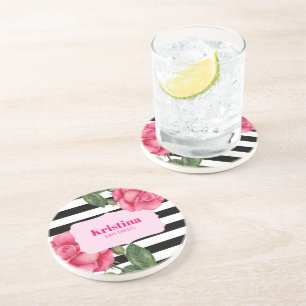 Posavasos Moda acuarela rosas rosas rosadas franjas blancas 