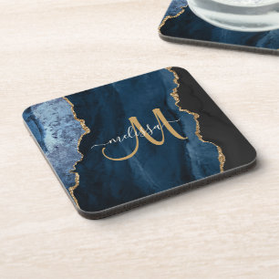 Posavasos Moda Blue Gold Agate Script Monograma Personalizad