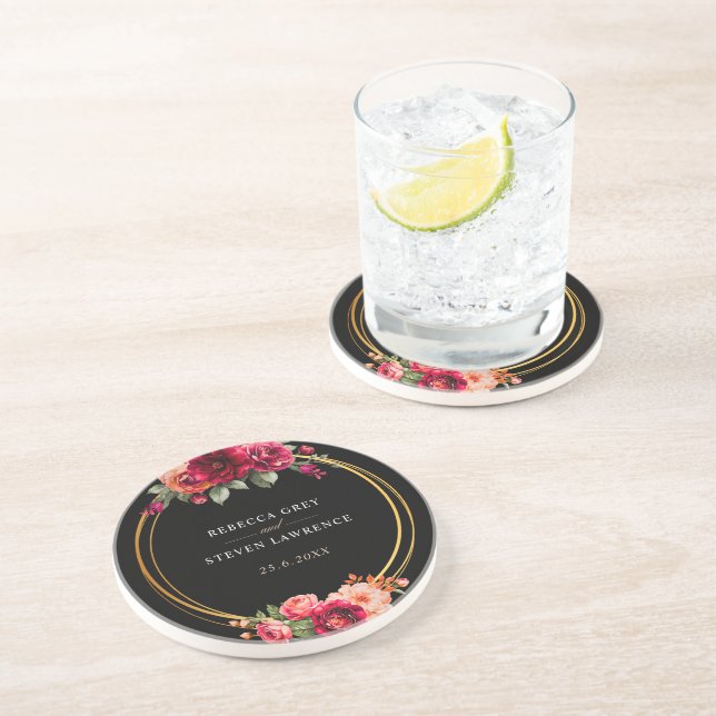 Posavasos Moda boda floral negro rojo (Lado)