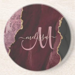 Posavasos Moda Burgundy Gold Agate Script Personalizado Mono