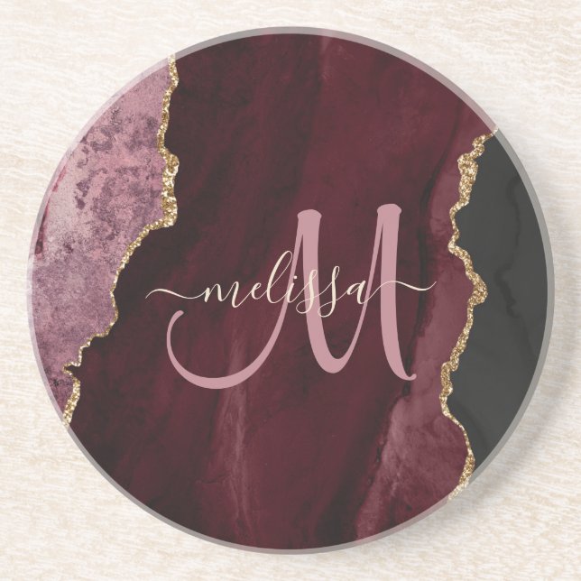 Posavasos Moda Burgundy Gold Agate Script Personalizado Mono (Frente)