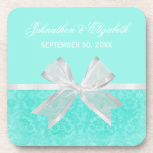 Posavasos Moda de Invitación boda Aqua Damask White Bow