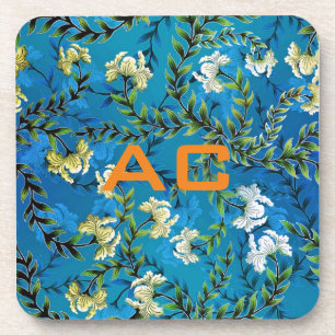 Posavasos Moda floral azul monograma moderno