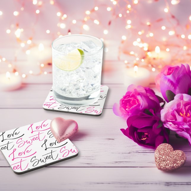 Posavasos Moda Patrón de amor y dulzura negro y rosa (Chic Black and Pink Love and Sweet Pattern Beverage Coaster)