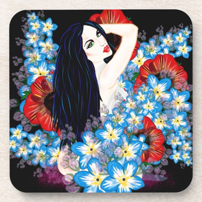 Posavasos Modelo de glamour en cama de amapola, ART de LeahG (Frente)