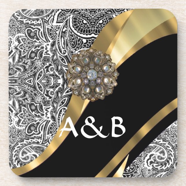 Posavasos Modelo floral negro y blanco del damasco (Frente)