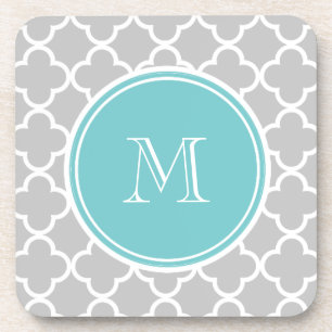 Posavasos Modelo gris de Quatrefoil, monograma verde azulado