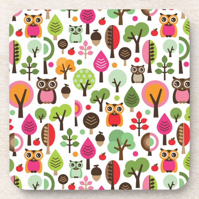 Posavasos modelo retro del búho del árbol rosado de la hoja (Frente)