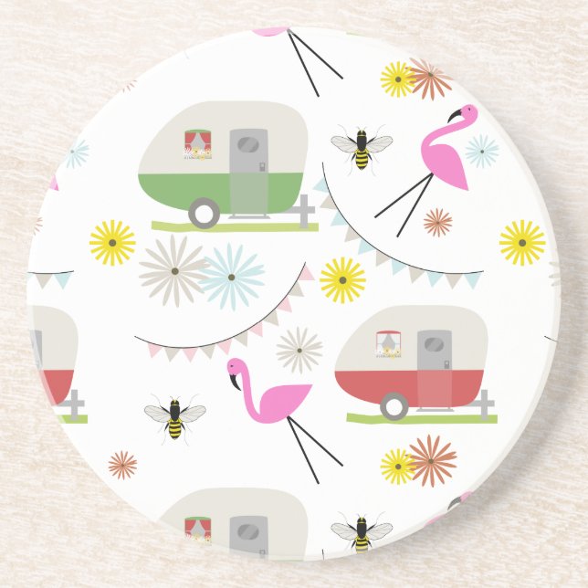 Posavasos Modelo retro del remolque y de los flamencos (Frente)