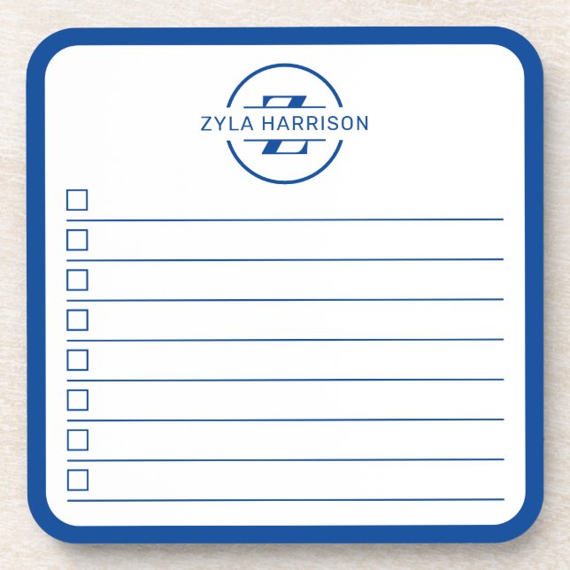 Posavasos Modern Blue Monogram Name To Do List Whiteboard (Frente)
