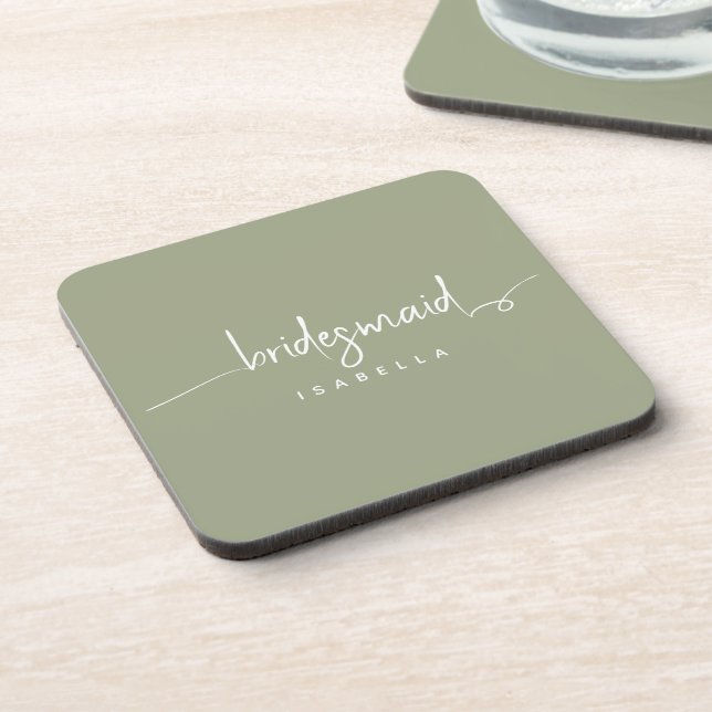 Posavasos Modern Minimalist Bridesmaid Script Sage Green (Lado Izquierdo)