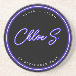 Posavasos Modern Neon Purple Script Nombre Wedder Favor