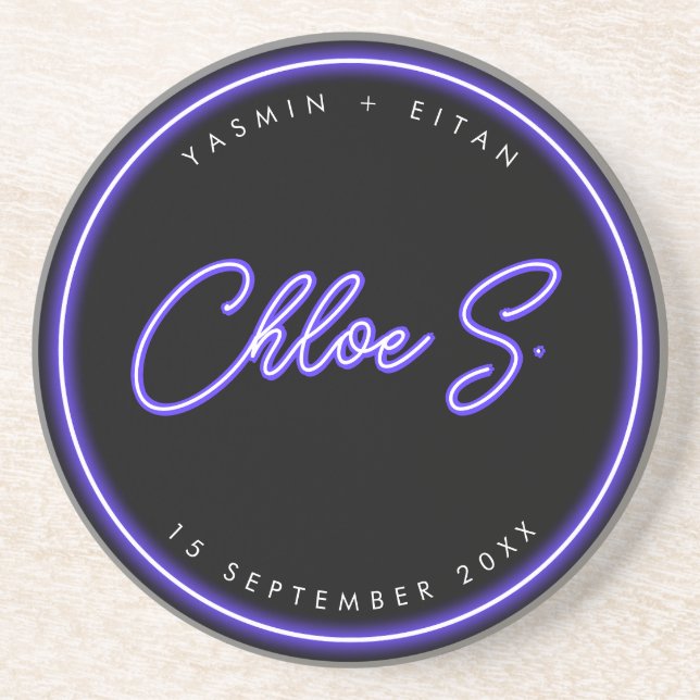 Posavasos Modern Neon Purple Script Nombre Wedder Favor (Frente)