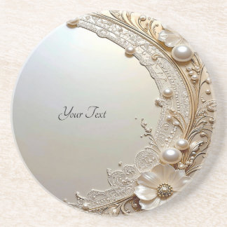 Posavasos Modern White Flowers Pearls Sandstone Coaster