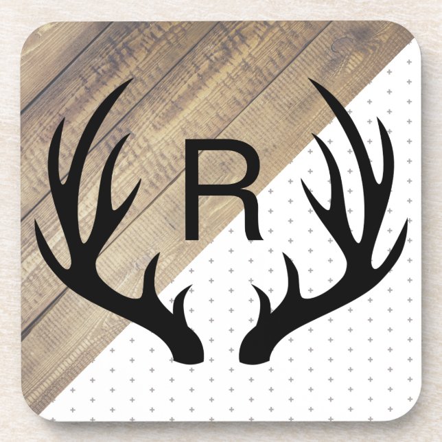 Posavasos Modernas Antlers Black Deer Faux Wood & Pattern (Frente)