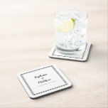 Posavasos Moderno Boda blanco negro minimalista<br><div class="desc">La montaña rusa sencilla, minimalista y de moda Boda presenta un diseño moderno con un borde doble enmarcado en negro sofisticado sobre un fondo blanco nítido. Este sencillo y moderno diseño ofrece una sofisticación atemporal y clásica. Personalice los nombres de la pareja y la fecha del evento en elegantes letras...</div>