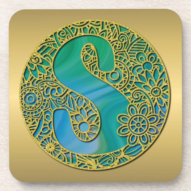 Posavasos Moderno Monograma Carta de oro inicial y turquesa (Frente)