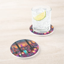 Moderno Neon City Bar Round Stone Coaster