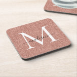 Posavasos Moderno Rosa Gold Purpurina Script Monograma Nombr<br><div class="desc">Moderno Rosa Purpurina dorado Script Monograma Nombre de monograma Glam apetito</div>