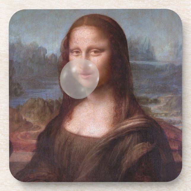 Posavasos Mona Lisa soplando chicle de burbuja gris (Frente)