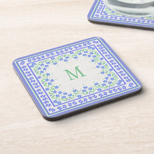 Posavasos Monogram Blue Periwinkles Floral Border Faux Linen (Lado Izquierdo)